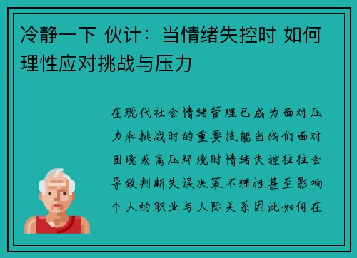 冷静一下 伙计:当情绪失控时 如何理性应对挑战与压力 冷静一下 伙计:当情绪失控时 如何理性应对挑战与压力